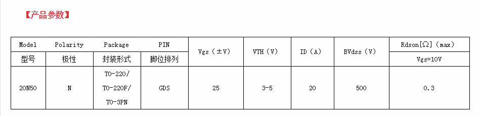 500v20a規(guī)格to-220封裝場效應管